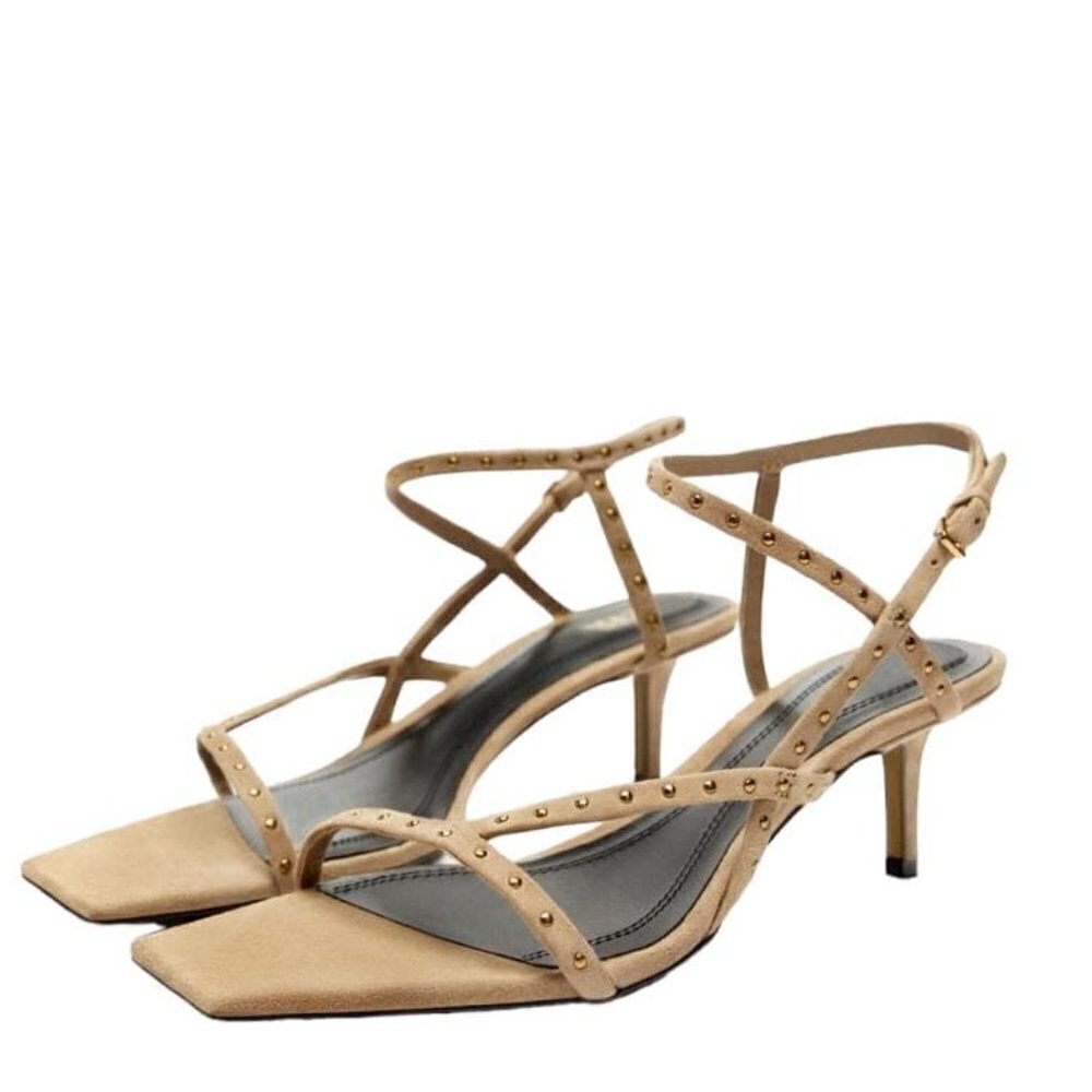 ZARA STUDDED HEELED SUEDE SANDALS SANDY BROWN SIZE 7.5 | 1334/110/107 mspr 69